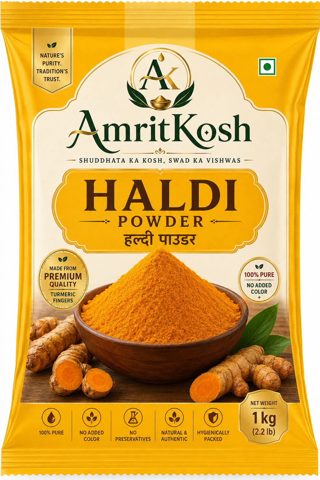 AmritKosh Premium Haldi Powder (1kg) | 100% Pure Turmeric Powder | No Added Color | No Preservatives | Natural & Authentic